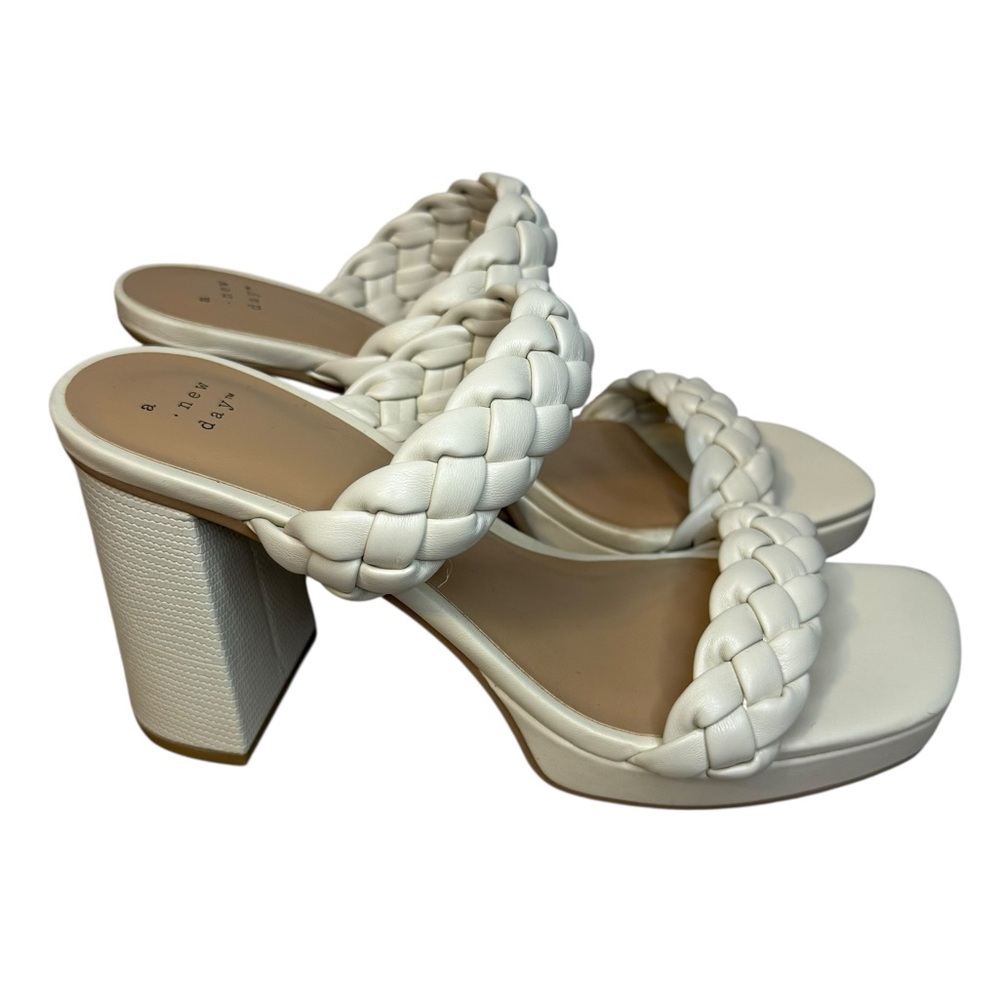 A New Day Braided Strap Block Heel Sandals Size 9 Cream Ivory Square Toe - Picture 3 of 7